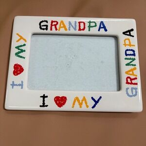 Vintage I Love My Grandpa Ceramic Picture Frame 4x6 White Crayon Lettering Retro